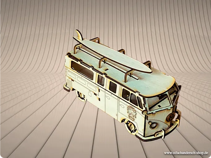 Startseite Holzmodell VW Bulli mit Surfbrett